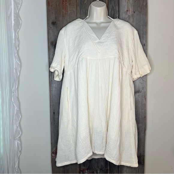 Pink Lily Beach Boho Cream Double Gauze Babydoll Mini Dress w/ Pockets sz L - Picture 2 of 16